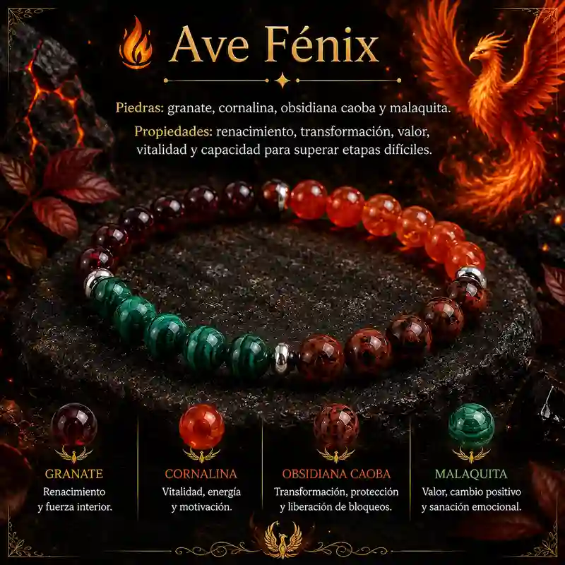 Pulsera Ave Fénix con granate cornalina obsidiana caoba y malaquita