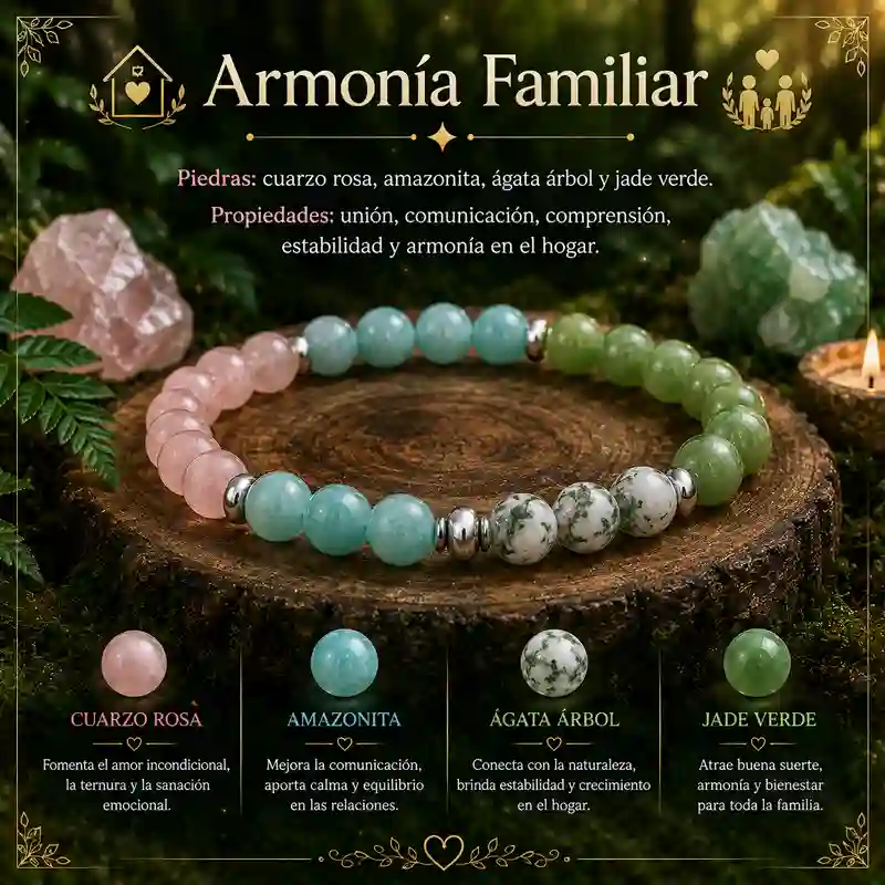 Pulsera Armonía Familiar de cuarzo rosa amazonita ágata árbol y jade verde