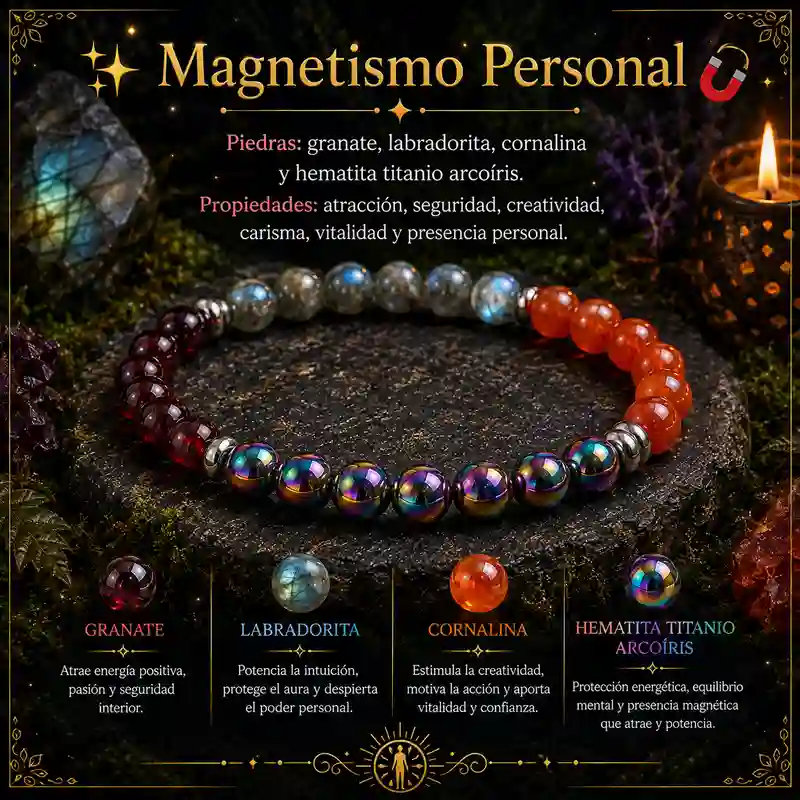 Pulsera Magnetismo Personal con granate labradorita cornalina y hematita titanio arcoíris