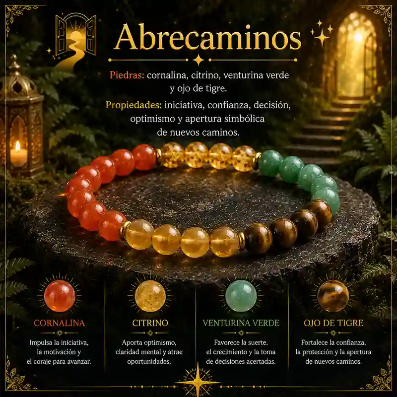 Pulsera Abrecaminos con cornalina citrino venturina verde y ojo de tigre