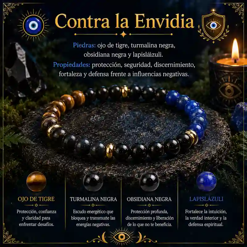 Pulsera Contra la Envidia con ojo de tigre turmalina negra obsidiana negra y lapislázuli