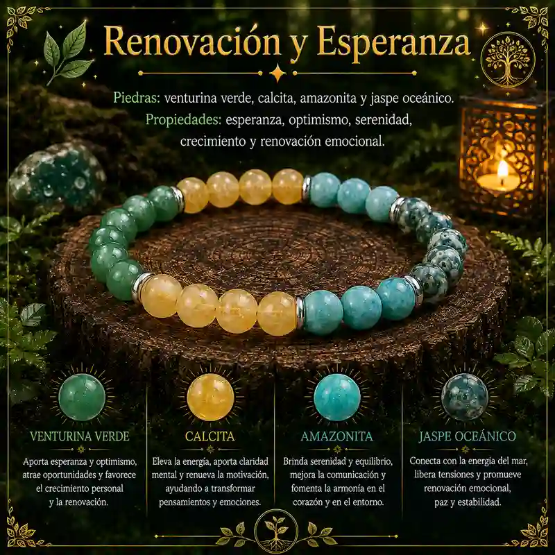 Pulsera Renovación y Esperanza con venturina verde calcita amazonita y jaspe oceánico