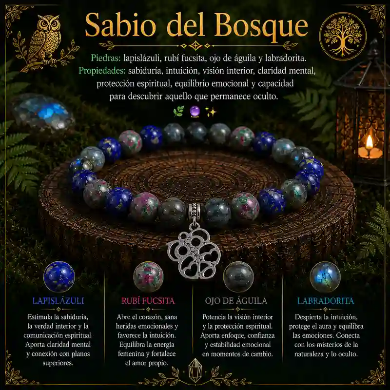 Pulsera Sabio del Bosque con búho lapislázuli rubí fucsita ojo de águila y labradorita