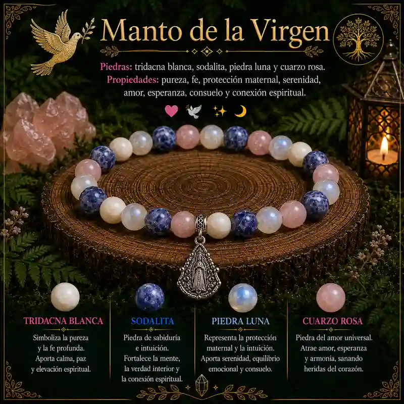 Pulsera Manto de la Virgen con tridacna blanca sodalita piedra luna cuarzo rosa y dije de la Virgen