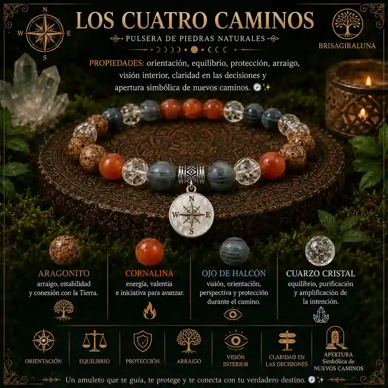 Pulsera Los Cuatro Caminos con aragonito cornalina ojo de halcón cuarzo cristal y puntos cardinales
