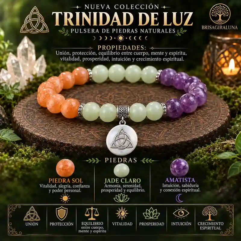 Pulsera Trinidad de Luz con Triquetra piedra sol jade claro y amatista