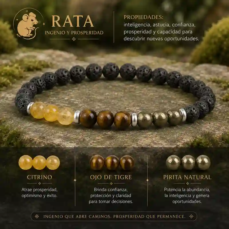 Pulsera Rata Horóscopo Chino con citrino ojo de tigre pirita natural y roca volcánica