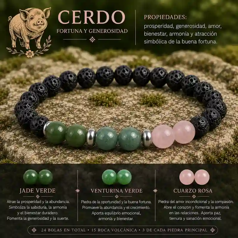 Pulsera Cerdo Horóscopo Chino con jade verde venturina verde cuarzo rosa y roca volcánica