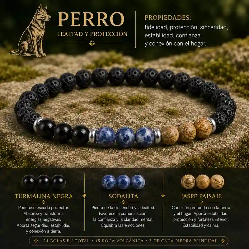 Pulsera Perro Horóscopo Chino con turmalina negra sodalita jaspe paisaje y roca volcánica
