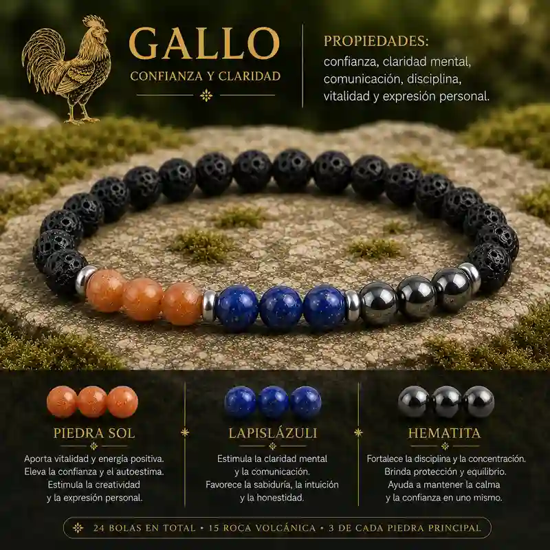 Pulsera Gallo Horóscopo Chino con piedra sol lapislázuli hematita y roca volcánica