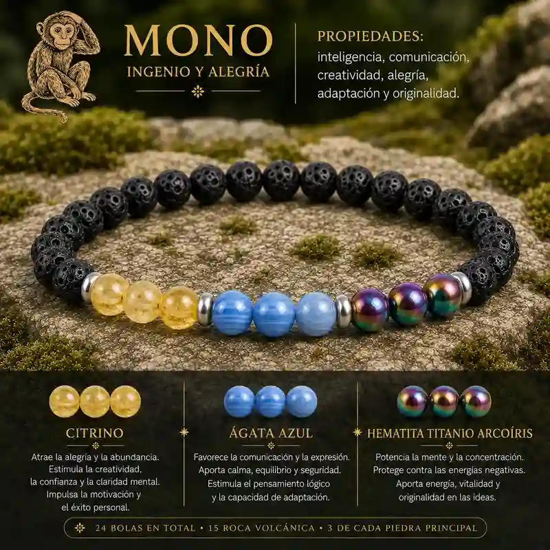 Pulsera Mono Horóscopo Chino con citrino ágata azul hematita titanio arcoíris y roca volcánica