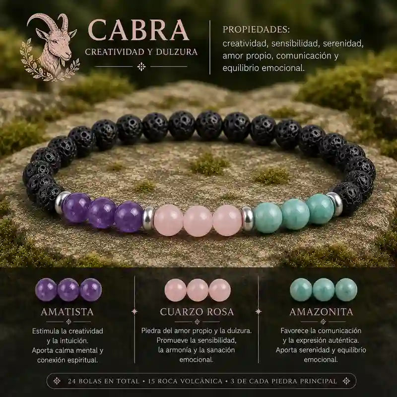 Pulsera Cabra Horóscopo Chino con amatista cuarzo rosa amazonita y roca volcánica