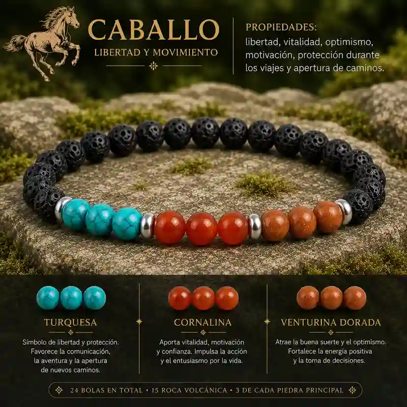 Pulsera Caballo Horóscopo Chino con turquesa cornalina venturina dorada y roca volcánica