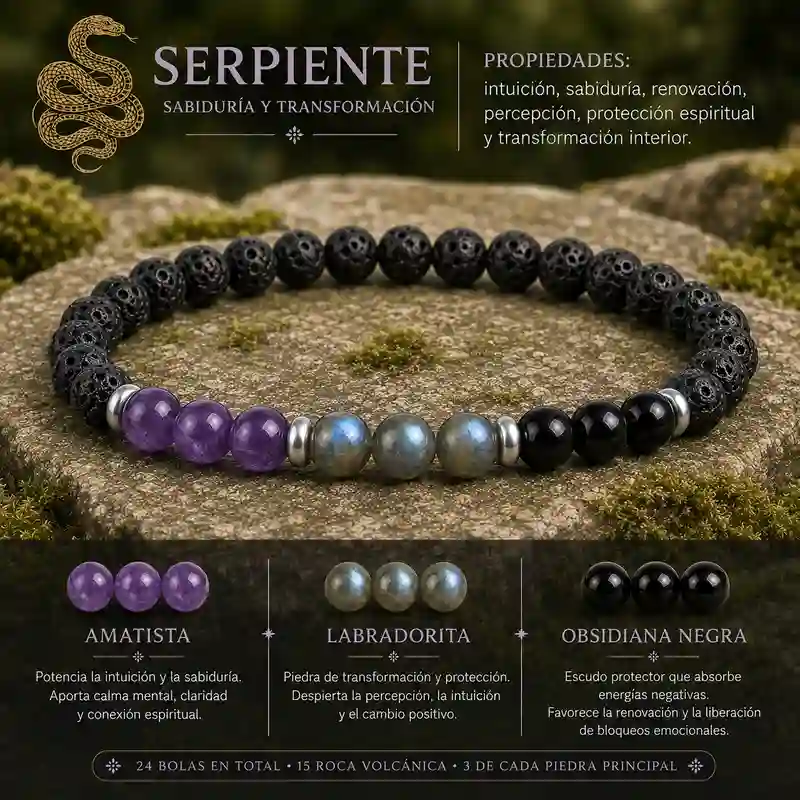 Pulsera Serpiente Horóscopo Chino con amatista labradorita obsidiana negra y roca volcánica