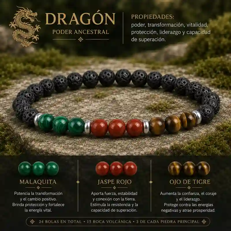 Pulsera Dragón Horóscopo Chino con malaquita jaspe rojo ojo de tigre y roca volcánica