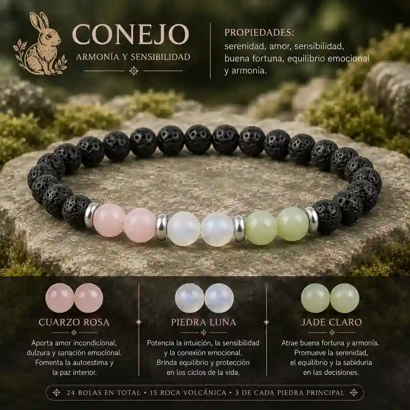 Pulsera Conejo Horóscopo Chino con cuarzo rosa piedra luna jade claro y roca volcánica