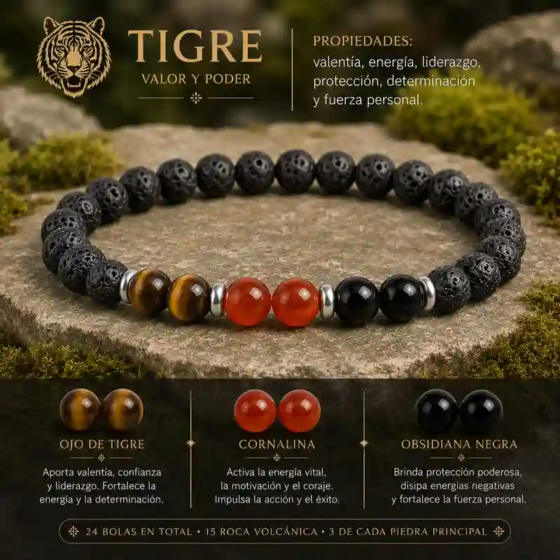 Pulsera Tigre Horóscopo Chino con ojo de tigre cornalina obsidiana negra y roca volcánica
