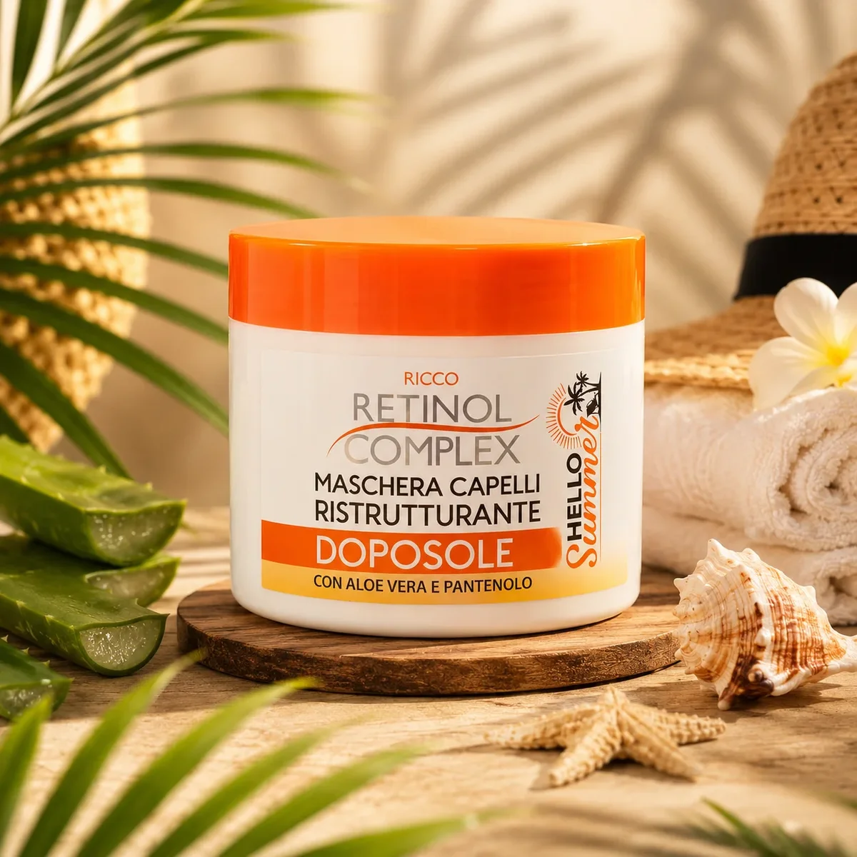 Mascarilla Capilar Reestructurante Despues Del Sol. Con aloe vera y Pantenol. Retinol Complex. 400ml