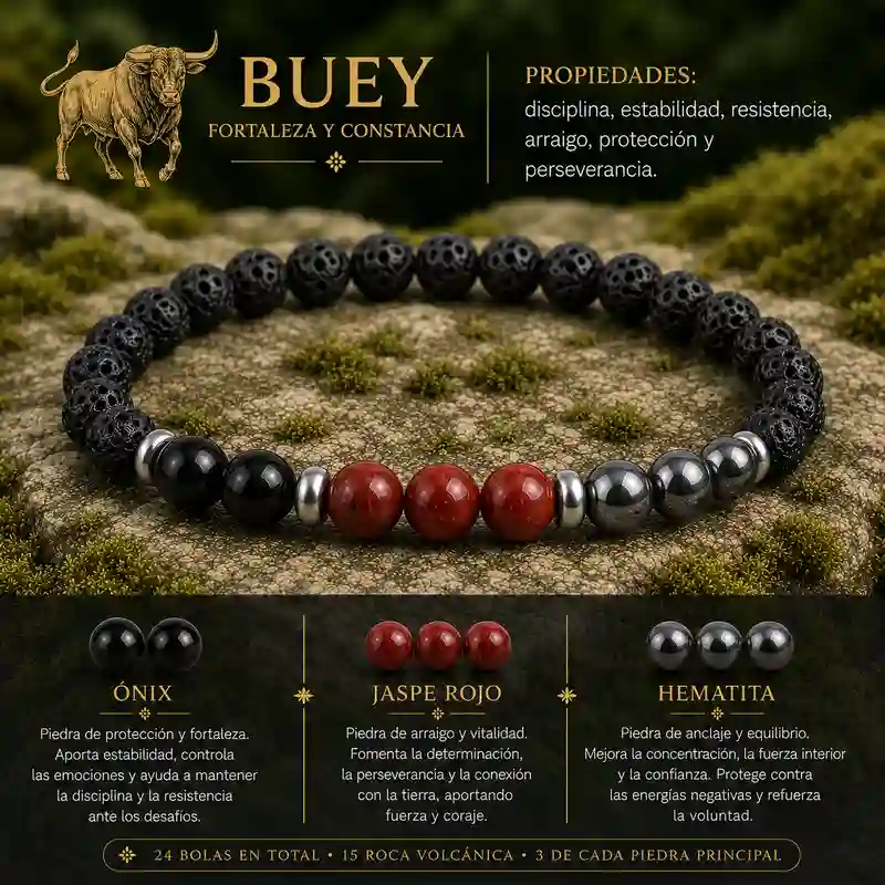 Pulsera Buey Horóscopo Chino con ónix jaspe rojo hematita y roca volcánica