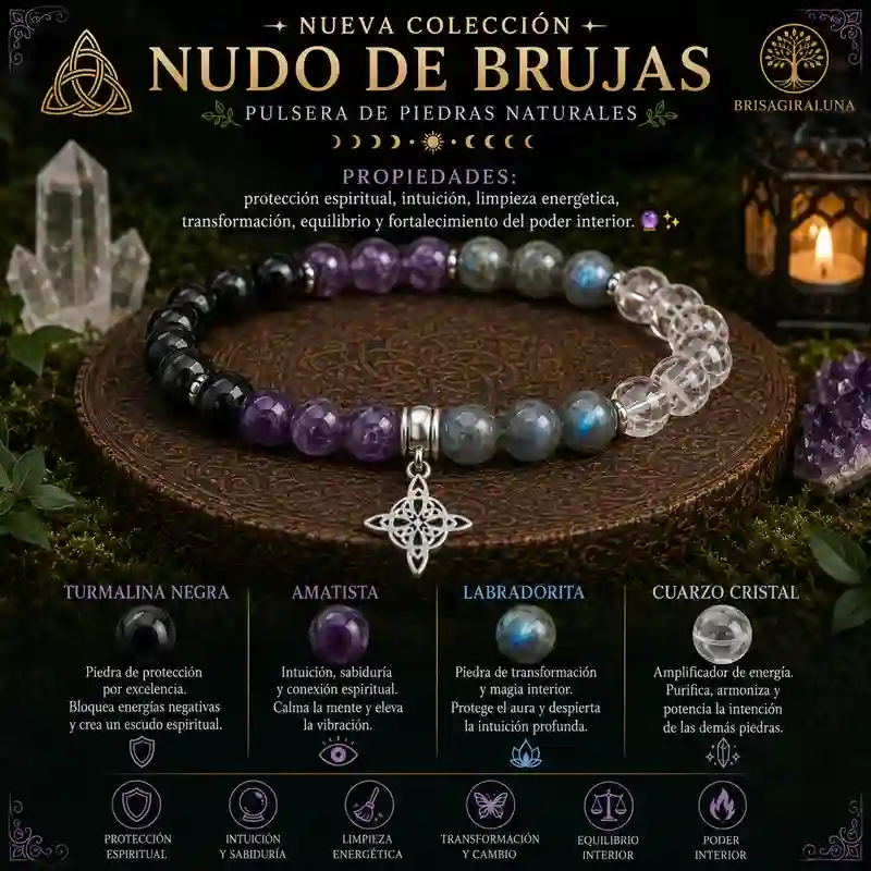 Pulsera Nudo de Brujas con turmalina negra amatista labradorita cuarzo cristal y dije plateado