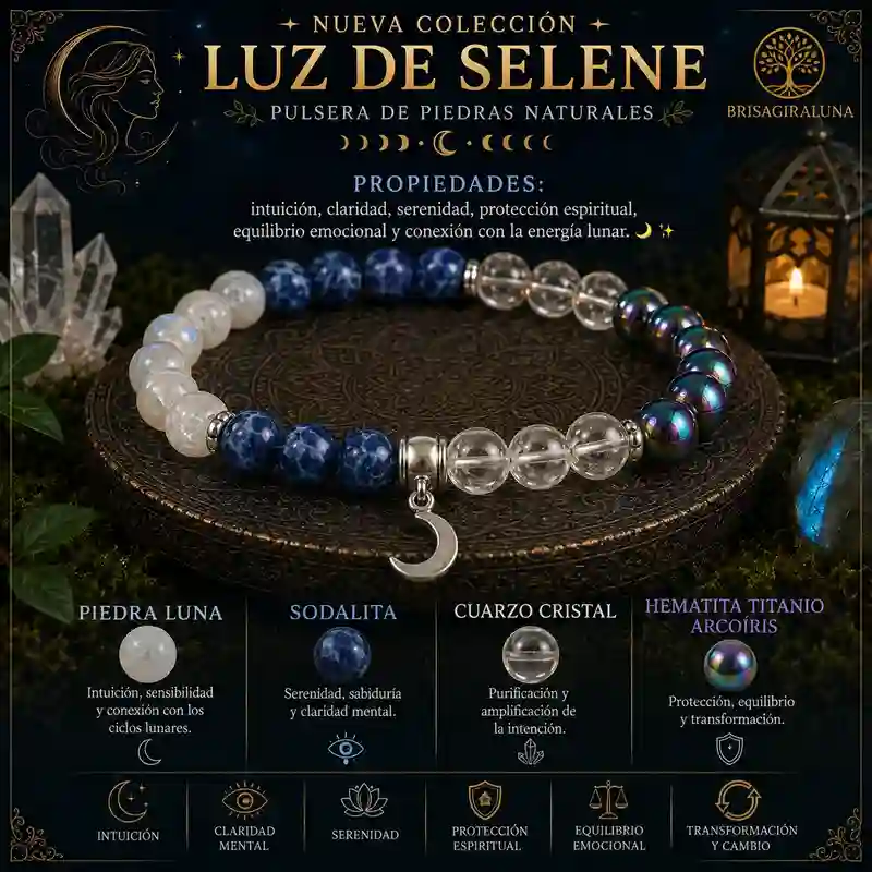 Pulsera Luz de Selene con piedra luna sodalita cuarzo cristal hematita titanio arcoíris y dije de luna