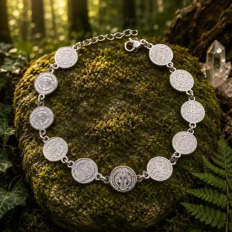 Pulsera de acero inoxidable 19+3 cm con medallas de San Benito de 11 mm