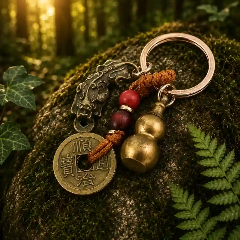 Llavero Feng Shui con 5 monedas chinas Wulu y Pi Xiu para la prosperidad
