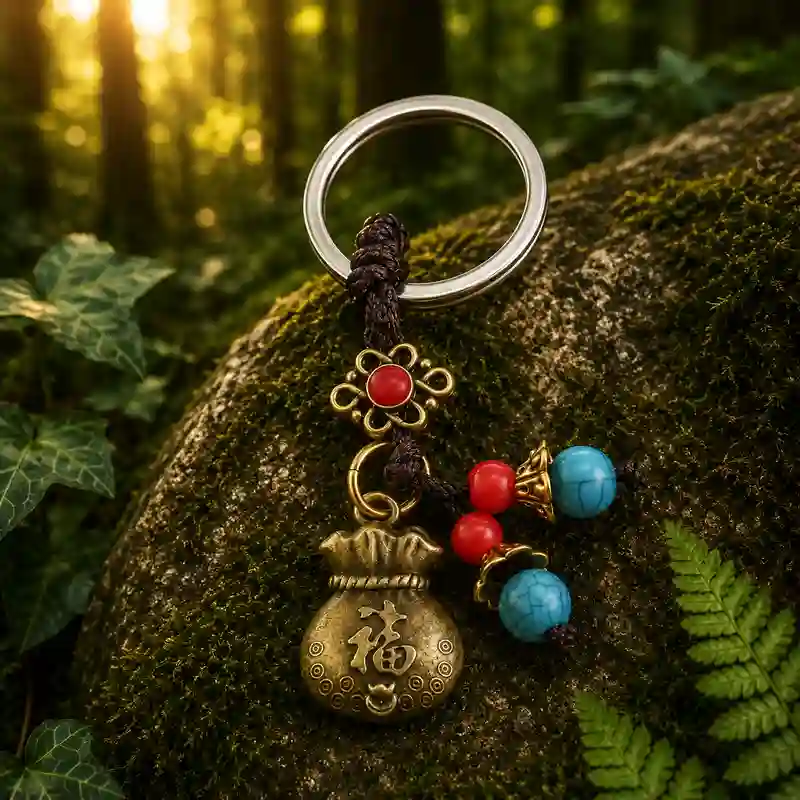 Llavero Feng Shui con bolsa de dinero símbolo Fú para prosperidad y abundancia