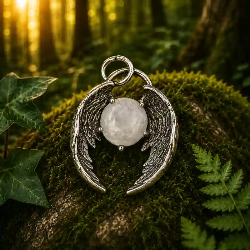 Colgante metálico en forma de alas con piedra natural de cuarzo blanco de 10 mm