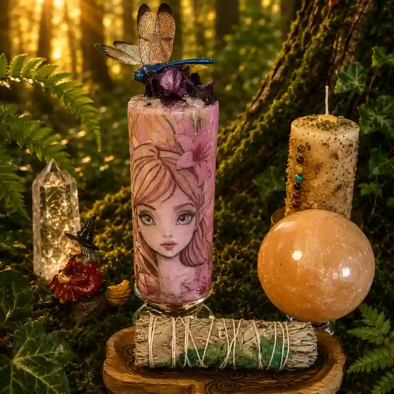 Velón El Misterio del Duende de la Libélula para rituales de transformación y magia del bosque