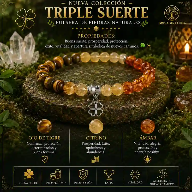Pulsera Triple Suerte con ojo de tigre citrino ámbar y trébol de cuatro hojas