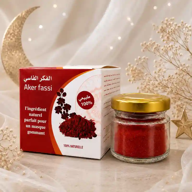 Aker Fassi natural en polvo rojo marroquí para mascarillas y cuidado de la piel