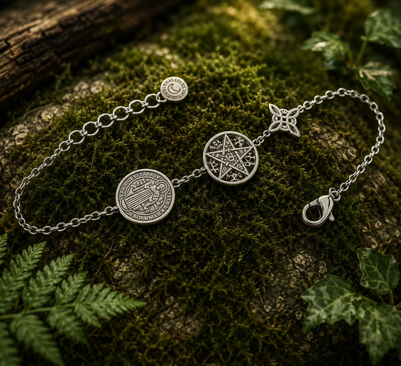 Pulsera de Acero Triple Protección con Nudo de Bruja, Tetragramatón y San Benito