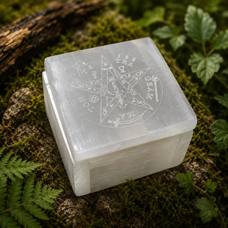 Joyero de Selenita Natural Grabado Tetragramatón 7x7 cm