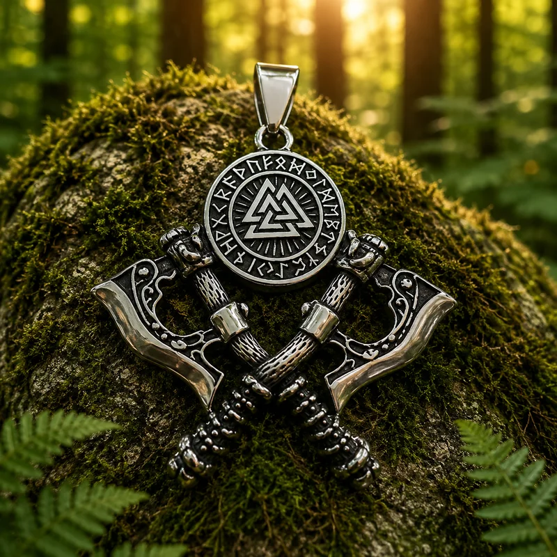 Colgante de Acero Valknut 55 mm con Runas Vikingas