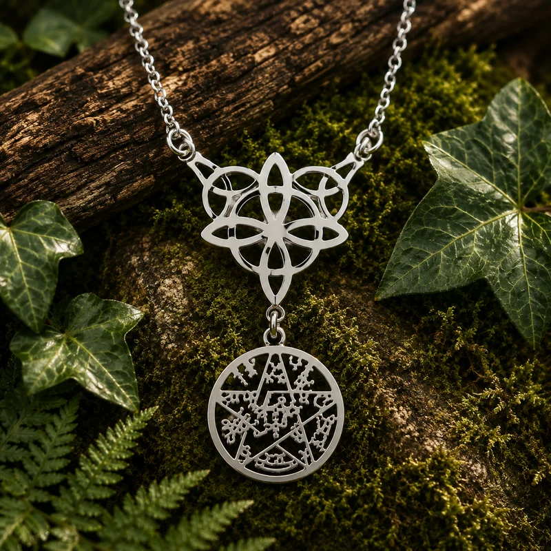Collar de Acero Doble Protección Nudo de Bruja y Tetragramatón con cadena 42 + 5 cm