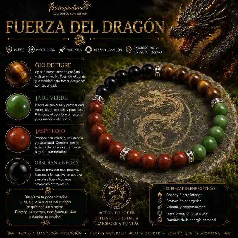 Pulsera Ritual Fuerza del Dragón Ojo de Tigre Jade Verde Jaspe Rojo Obsidiana Negra