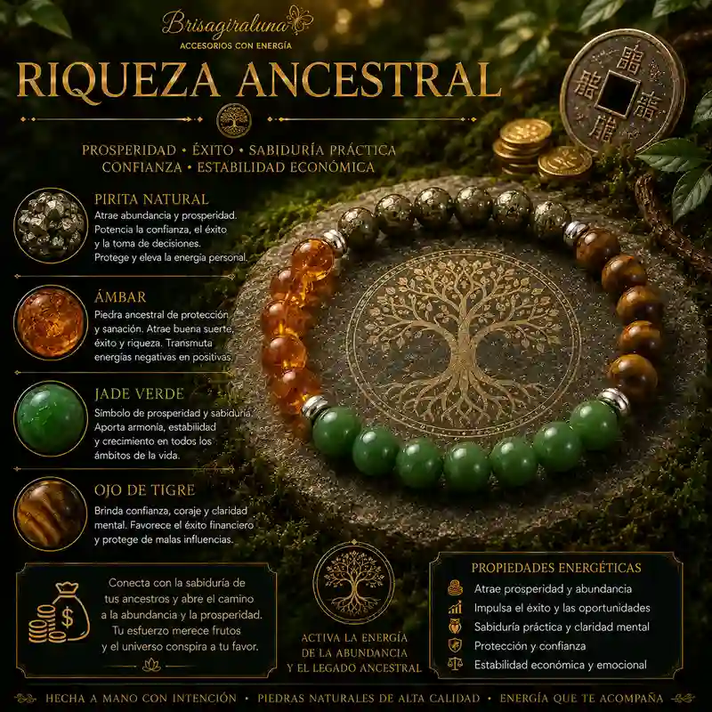 Pulsera Ritual Riqueza Ancestral Pirita Ámbar Jade Verde y Ojo de Tigre