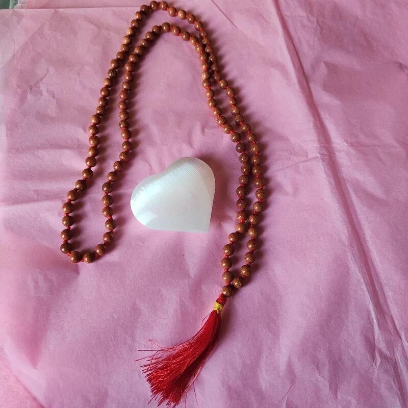 COLLAR JAPA MALA NUDADO DE 95 CM CON 108 CUENTAS DE VENTURINA DORADA EN 8 MM Y BORLA DE 7 CM