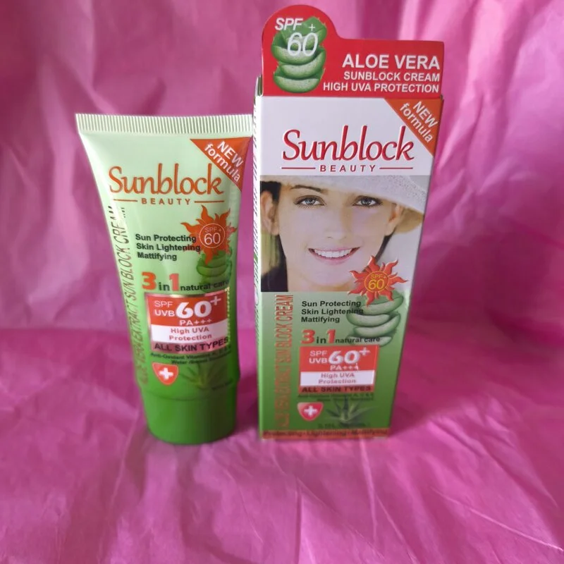 BLOQUEADOR SOLAR CREMA ACLARADORA Y MATIFICANTEDE ALOE VERA. PROTECTOR SOLAR 3 EN 1. SPF60. SUNBLOCK BEAUTY. 60ML