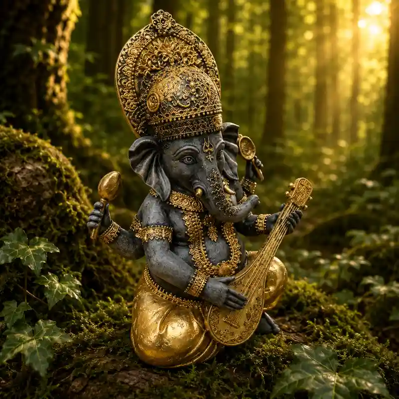 Figura Ganesha con sitar de resina 22 cm dorado y gris1