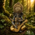 Figura Ganesha con sitar de resina 22 cm dorado y gris
