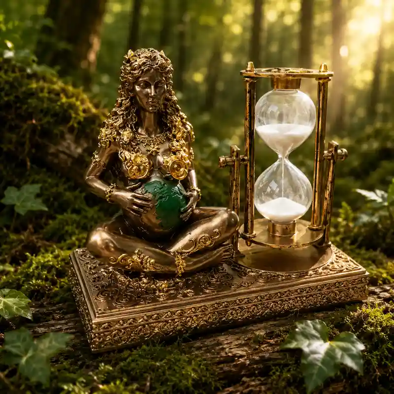 Figura Madre Tierra con reloj de arena en resina color bronce 1