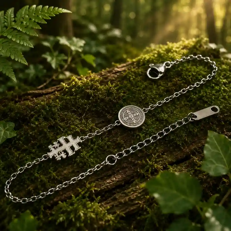 Pulsera de acero con Cruz de Caravaca y San Benito 18 cm