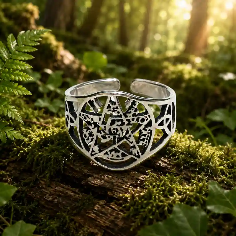 Anillo de acero adaptable con símbolo Tetragramatón