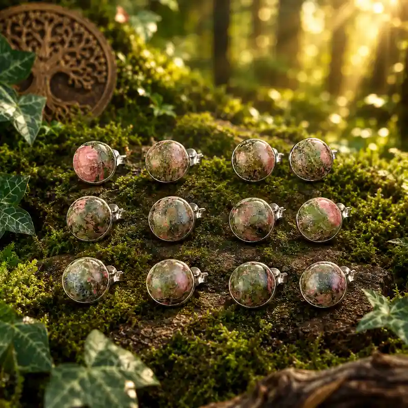 Pendientes de Unakita natural media bola de 10 mm con plata