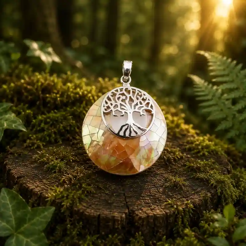 Colgante de concha de abulón color ámbar 28 mm con Árbol de la Vida