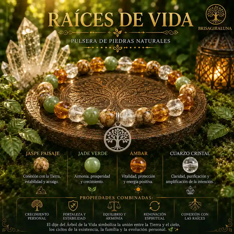 Pulsera Raíces de Vida con Árbol de la Vida y piedras naturales