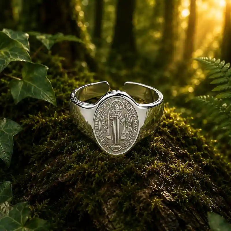 Anillo de acero adaptable con Medalla de San Benito
