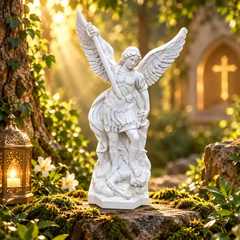 Figura Arcángel San Miguel blanco de 22 cm con alas y espada